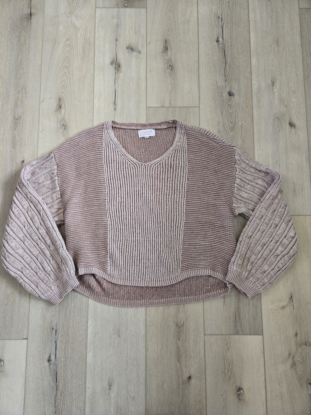 Sugarfox Women's Colorblock Knit V-Neck Pullover Cropped Sweater L Brown